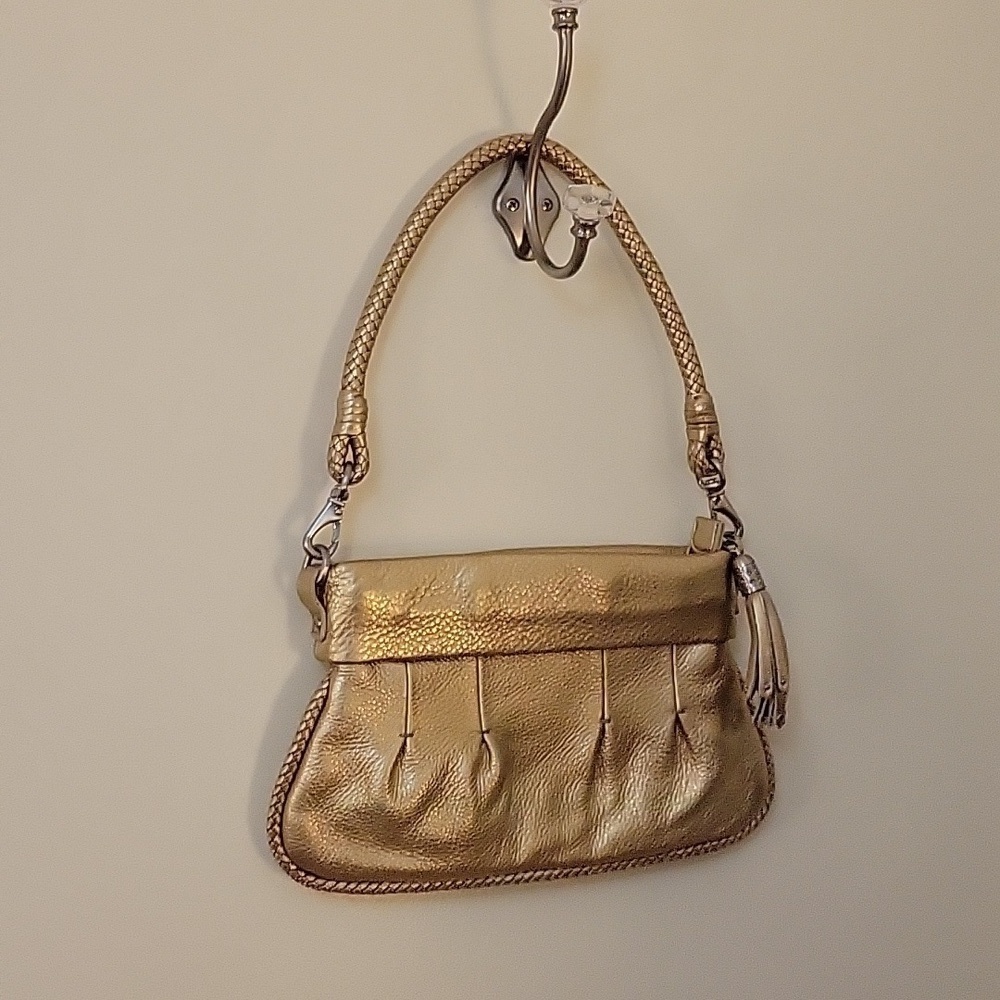 VTG COLE HAAN 1990s Gold Metallic Pebble Lambskin Braided Tassel Evening Bag - Picture 2 of 11